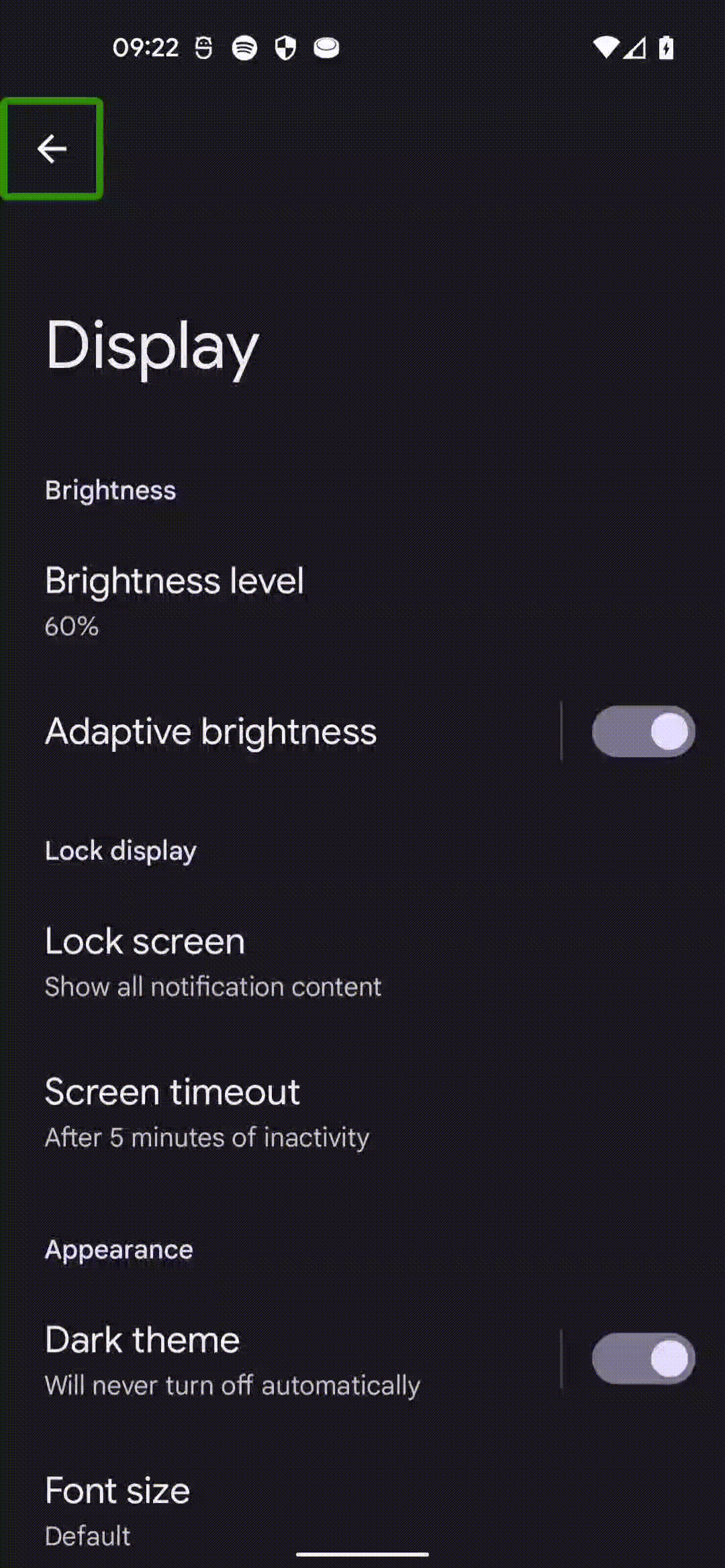 A Pixel phone with TalkBack on, opened at the display settings screen. The background is black and the back button at the top is highlighted. Swipes are made visible with a white dot and Text To Speech can be read via toast messages appearing at the bottom. Swipe left. The top block is highlighted and "Display" is read aloud. Swipe right, the back button is highlighted and "Navigate Up, Button, Double Tap to activate" is displayed. Swipe right. Brightness small heading is highlighted, toast message "Brightness". Swipe right, Brightness control is highlighted, toast displays "Brightness level, 60%, Double Tap to activate". Swipe right, Adaptive brightness control focussed, toast message "Adaptive Brightness, Double tap to activate" is displayed. Swipe right, Adaptive brightness switch focussed, toast message "ON, Adaptive Brightness Switch, Double Tap to toggle" is displayed. Swipe right. Lock display small heading is highlighted, toast message "Lock display". Swipe left, Adaptive brightness switch focussed, toast message "ON, Adaptive Brightness Switch, Double Tap to toggle" is displayed. Double tap, Toggle turns off, toast displays "OFF". Double tap, Toggle turns on, toast displays "ON". Repeat OFF and ON. Swipe left, Adaptive brightness control focussed, toast message "Adaptive Brightness, Double tap to activate" is displayed. Single tap, nothing happens. Double tap, new screen opens with "Adaptive Brightness" at the top. The highlighted control is the top left back button, toast message "Adaptive brightness, Navigate up button, out of list, double tap to activate." Double tap, back to the Display screen with the Adaptive brightness control focussed, toast message "Adaptive Brightness, Double tap to activate" is displayed. Swipe left, Brightness control is highlighted, toast displays "Brightness level, 59%, Double Tap to activate"