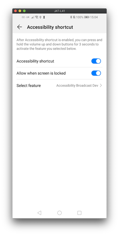 The accessibility shortcut screen. The shortcut is enabled and allow when screen is locked is enabled. The service selected is "Accessibility Broadcast Dev"
