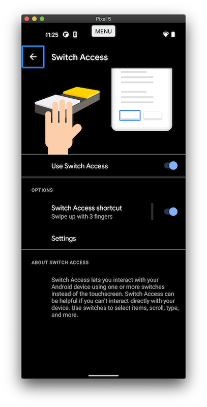 The switch access screen for Google Pixel. The Back button at the top left is highlighted